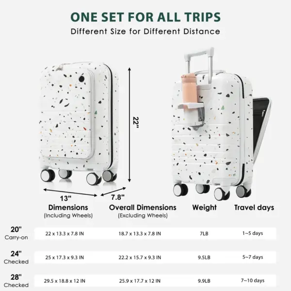 Luggage Set of 3, 20, 24, 28inch with USB Port, 20, 24inch with front opening design Airline Certified Carry on Luggage with Cup Holder, ABS+PC Hard Shell Luggage with Spinner Wheels, starry sky white