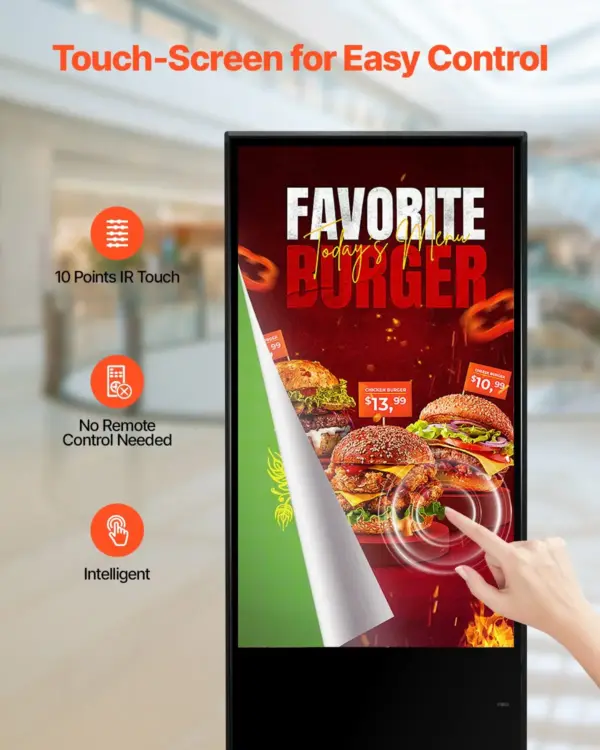 VEVOR 55 Inch Digital Signage Display, Touchscreen Digital Kiosk, Indoor Floor Standing Kiosk Display, 4K UHD LCD Screen, 2GB RAM & 32GB ROM, with WiFi HDMI/USB Input, Commercial Advertising Display