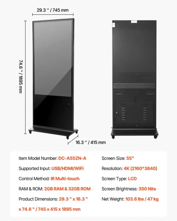 VEVOR 55 Inch Digital Signage Display, Touchscreen Digital Kiosk, Indoor Floor Standing Kiosk Display, 4K UHD LCD Screen, 2GB RAM & 32GB ROM, with WiFi HDMI/USB Input, Commercial Advertising Display