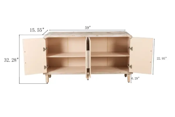 59'' Farmhouse Curved Vintage Storage Sideboard with Large Wooden Handles, Vertical Wood Grain Carving and Adjustable Shelves for Kitchen,Dining Room (Natural Wood Washed)