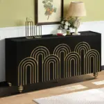 Modern Fluted Sideboard Buffet with Storage, Curve Element with Strict Lines, 4 Doors Storage Cabinet with Adjustable Shelves for Kitchen, Dining Room, Living Room (Black)