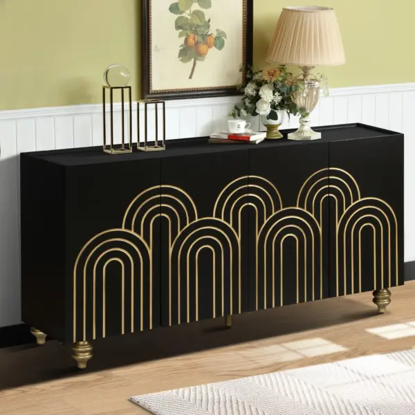 Modern Fluted Sideboard Buffet with Storage, Curve Element with Strict Lines, 4 Doors Storage Cabinet with Adjustable Shelves for Kitchen, Dining Room, Living Room (Black)
