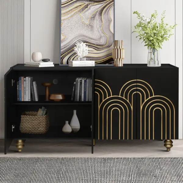Modern Fluted Sideboard Buffet with Storage, Curve Element with Strict Lines, 4 Doors Storage Cabinet with Adjustable Shelves for Kitchen, Dining Room, Living Room (Black)