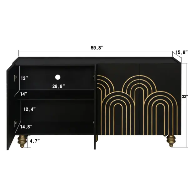 Modern Fluted Sideboard Buffet with Storage, Curve Element with Strict Lines, 4 Doors Storage Cabinet with Adjustable Shelves for Kitchen, Dining Room, Living Room (Black)
