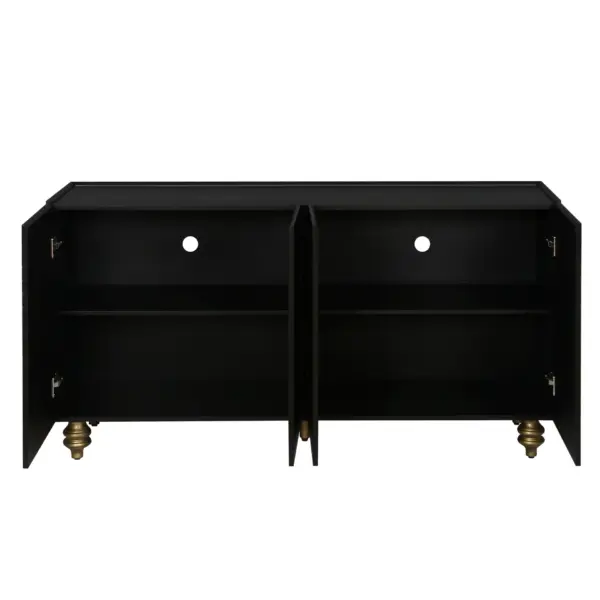 Modern Fluted Sideboard Buffet with Storage, Curve Element with Strict Lines, 4 Doors Storage Cabinet with Adjustable Shelves for Kitchen, Dining Room, Living Room (Black)