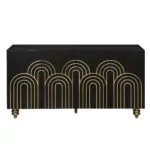 Modern Fluted Sideboard Buffet with Storage, Curve Element with Strict Lines, 4 Doors Storage Cabinet with Adjustable Shelves for Kitchen, Dining Room, Living Room (Black)