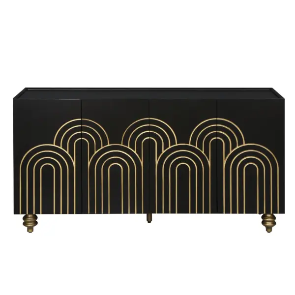 Modern Fluted Sideboard Buffet with Storage, Curve Element with Strict Lines, 4 Doors Storage Cabinet with Adjustable Shelves for Kitchen, Dining Room, Living Room (Black)