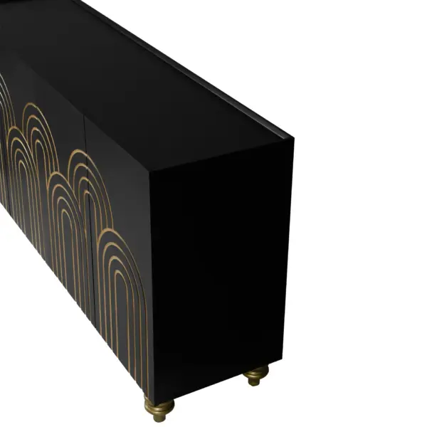 Modern Fluted Sideboard Buffet with Storage, Curve Element with Strict Lines, 4 Doors Storage Cabinet with Adjustable Shelves for Kitchen, Dining Room, Living Room (Black)