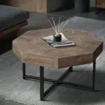 Wood Octagonal Vintage Patchwork Craft Farmhouse 30 Inch Wooden Table Top Cross Metal Legs Coffee Table for Living Room(Antique Brown)