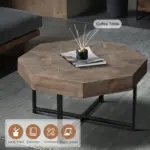 Wood Octagonal Vintage Patchwork Craft Farmhouse 30 Inch Wooden Table Top Cross Metal Legs Coffee Table for Living Room(Antique Brown)