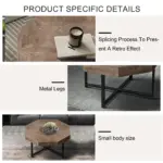 Wood Octagonal Vintage Patchwork Craft Farmhouse 30 Inch Wooden Table Top Cross Metal Legs Coffee Table for Living Room(Antique Brown)