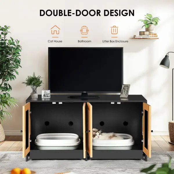 Double Litter Box Enclosure,Cat Litter Box Enclosure for 2 Cats, Hidden Litter Box Furniture with Rattan Doors, 47' L x 19.8' W x 21.8' H,Black
