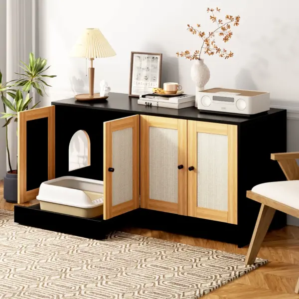 Double Litter Box Enclosure,Cat Litter Box Enclosure for 2 Cats, Hidden Litter Box Furniture with Rattan Doors, 47' L x 19.8' W x 21.8' H,Black