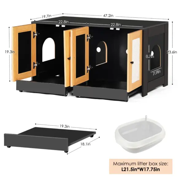 Double Litter Box Enclosure,Cat Litter Box Enclosure for 2 Cats, Hidden Litter Box Furniture with Rattan Doors, 47' L x 19.8' W x 21.8' H,Black