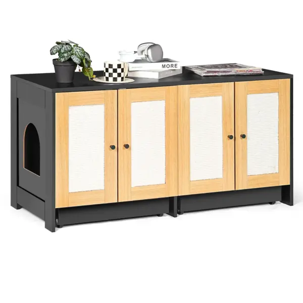 Double Litter Box Enclosure,Cat Litter Box Enclosure for 2 Cats, Hidden Litter Box Furniture with Rattan Doors, 47' L x 19.8' W x 21.8' H,Black