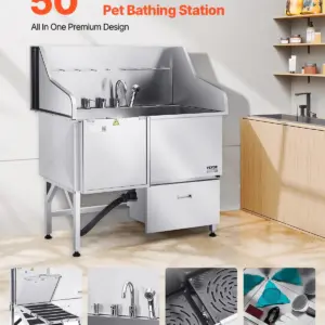 VEVOR Stainless Steel Dog Washing Station, 50 inch Pet Grooming Tub w/ Ramp, Faucet & Showerhead & Soap Holder Leash Dog Bathtub for Large & Medium & Small Pets (Left Door)
