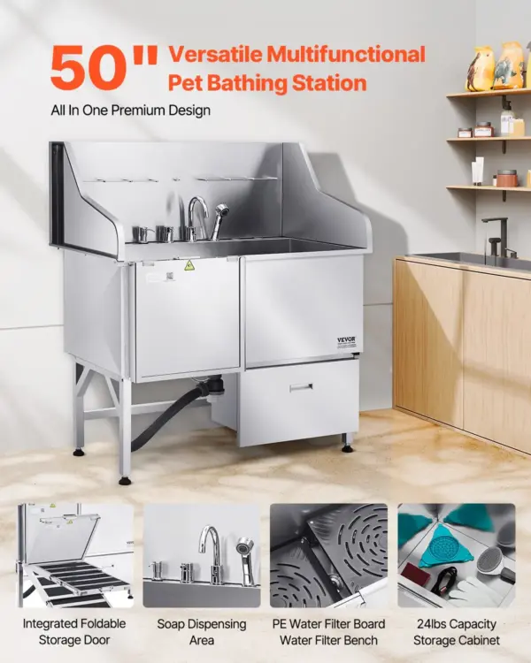 VEVOR Stainless Steel Dog Washing Station, 50 inch Pet Grooming Tub w/ Ramp, Faucet & Showerhead & Soap Holder Leash Dog Bathtub for Large & Medium & Small Pets (Left Door)