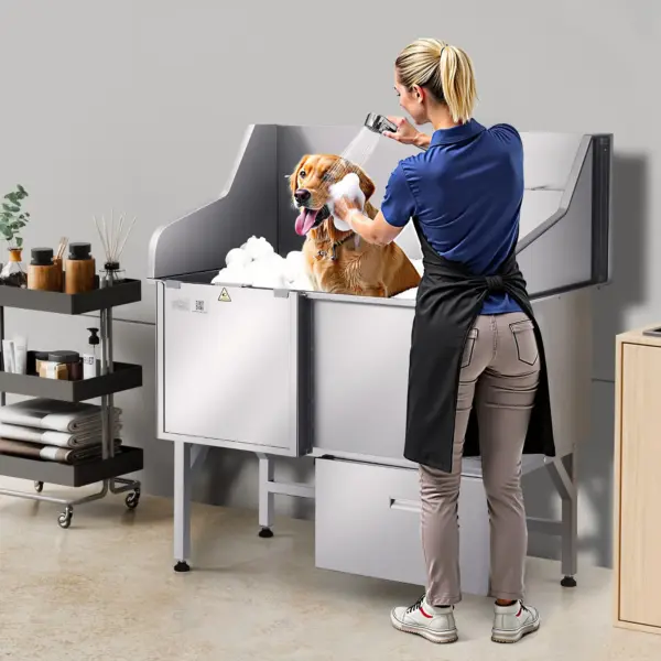 VEVOR Stainless Steel Dog Washing Station, 50 inch Pet Grooming Tub w/ Ramp, Faucet & Showerhead & Soap Holder Leash Dog Bathtub for Large & Medium & Small Pets (Left Door)