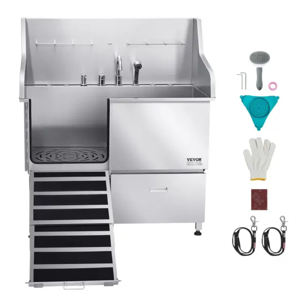VEVOR Stainless Steel Dog Washing Station, 50 inch Pet Grooming Tub w/ Ramp, Faucet & Showerhead & Soap Holder Leash Dog Bathtub for Large & Medium & Small Pets (Left Door)