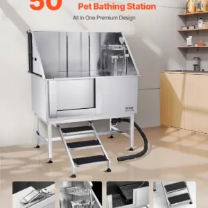 VEVOR Stainless Steel Dog Washing Station, 50 inch Pet Grooming Tub w/ Stairs, PE Water Filter Board, Faucet & Showerhead & Soap Holder Dog Bathtub for Large & Medium & Small Pets (Left Door)