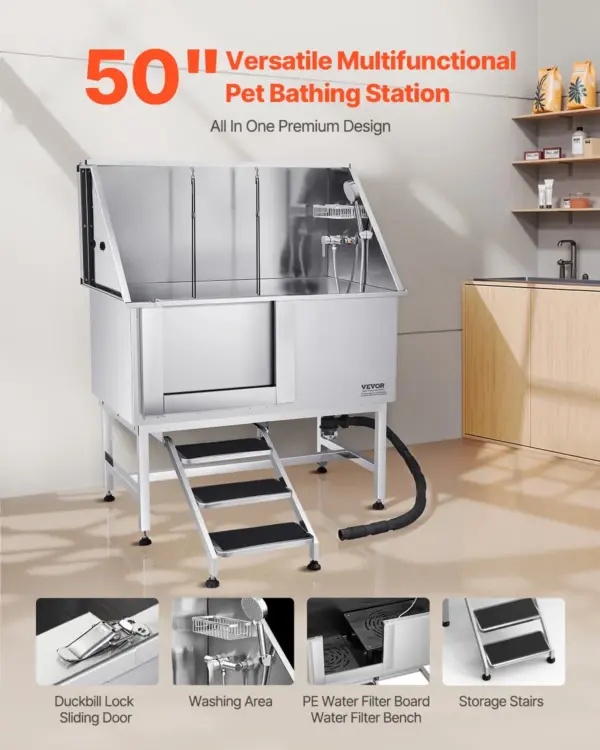 VEVOR Stainless Steel Dog Washing Station, 50 inch Pet Grooming Tub w/ Stairs, PE Water Filter Board, Faucet & Showerhead & Soap Holder Dog Bathtub for Large & Medium & Small Pets (Left Door)