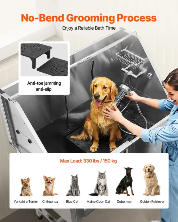 VEVOR Stainless Steel Dog Washing Station, 50 inch Pet Grooming Tub w/ Stairs, PE Water Filter Board, Faucet & Showerhead & Soap Holder Dog Bathtub for Large & Medium & Small Pets (Left Door)