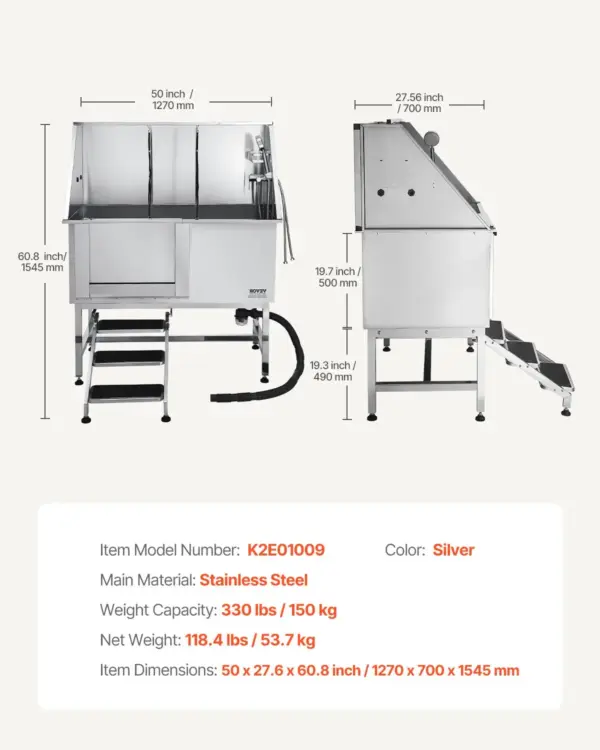 VEVOR Stainless Steel Dog Washing Station, 50 inch Pet Grooming Tub w/ Stairs, PE Water Filter Board, Faucet & Showerhead & Soap Holder Dog Bathtub for Large & Medium & Small Pets (Left Door)