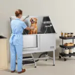 VEVOR Stainless Steel Dog Washing Station, 50 inch Pet Grooming Tub w/ Stairs, PE Water Filter Board, Faucet & Showerhead & Soap Holder Dog Bathtub for Large & Medium & Small Pets (Left Door)
