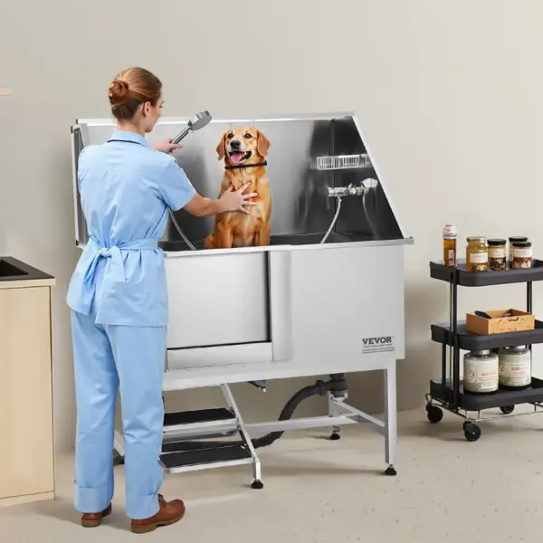 VEVOR Stainless Steel Dog Washing Station, 50 inch Pet Grooming Tub w/ Stairs, PE Water Filter Board, Faucet & Showerhead & Soap Holder Dog Bathtub for Large & Medium & Small Pets (Left Door)