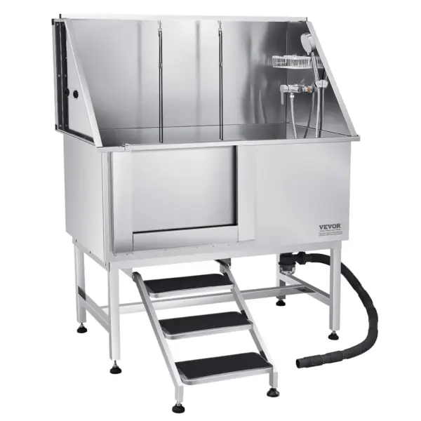 VEVOR Stainless Steel Dog Washing Station, 50 inch Pet Grooming Tub w/ Stairs, PE Water Filter Board, Faucet & Showerhead & Soap Holder Dog Bathtub for Large & Medium & Small Pets (Left Door)