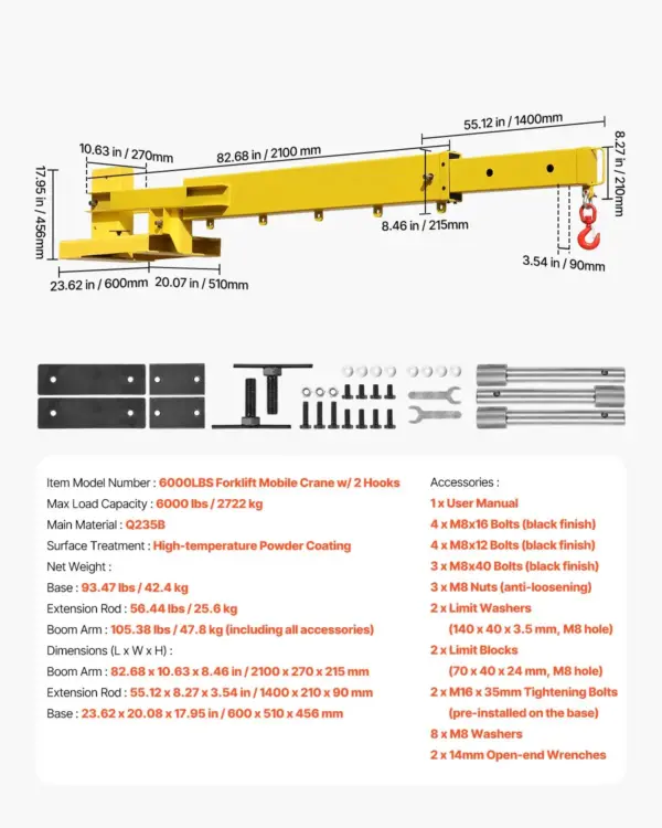 VEVOR Forklift Jib Boom Crane, 6000lbs Capacity, Manual Telescoping Boom Extends Up to 56.1 inches, Forklift Mobile Crane with 2 Hooks, Adjustable Forklift Crane Attachment for Warehouse, Factories