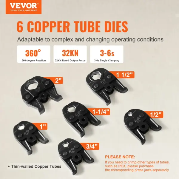VEVOR Professional 18V Cordless Pipe Crimper, suitable for 1/2"-2" Stainless Steel, Copper, PEX Tubing, features 360 Swivel, Brushless Motor & includes 6 Crimping Jaws
