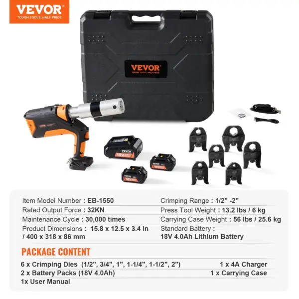 VEVOR Professional 18V Cordless Pipe Crimper, suitable for 1/2"-2" Stainless Steel, Copper, PEX Tubing, features 360 Swivel, Brushless Motor & includes 6 Crimping Jaws