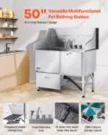 VEVOR 304 Stainless Steel Dog Washing Station, 50 Inch Pet Grooming Tub with Non-Slip Low-Slope Ramp, Storage Drawer, Hot & Cold Faucet, All-in-One Bath for Grooming Shop, Fits All Sizes (Right Door)