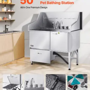 VEVOR 304 Stainless Steel Dog Washing Station, 50 Inch Pet Grooming Tub with Non-Slip Low-Slope Ramp, Storage Drawer, Hot & Cold Faucet, All-in-One Bath for Grooming Shop, Fits All Sizes (Right Door)