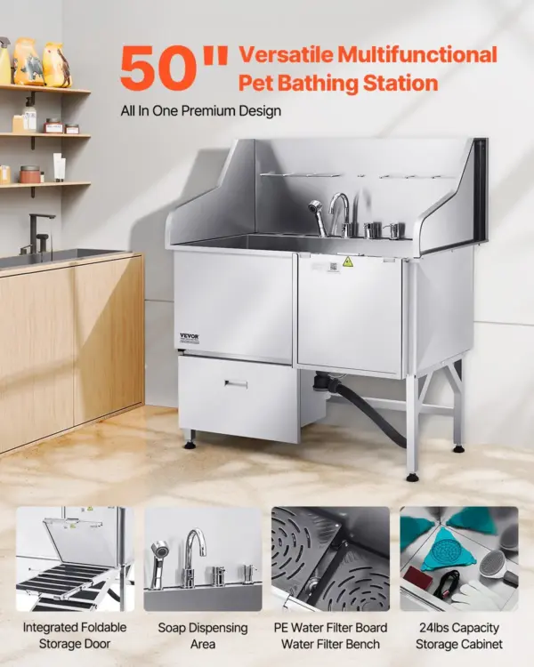 VEVOR 304 Stainless Steel Dog Washing Station, 50 Inch Pet Grooming Tub with Non-Slip Low-Slope Ramp, Storage Drawer, Hot & Cold Faucet, All-in-One Bath for Grooming Shop, Fits All Sizes (Right Door)