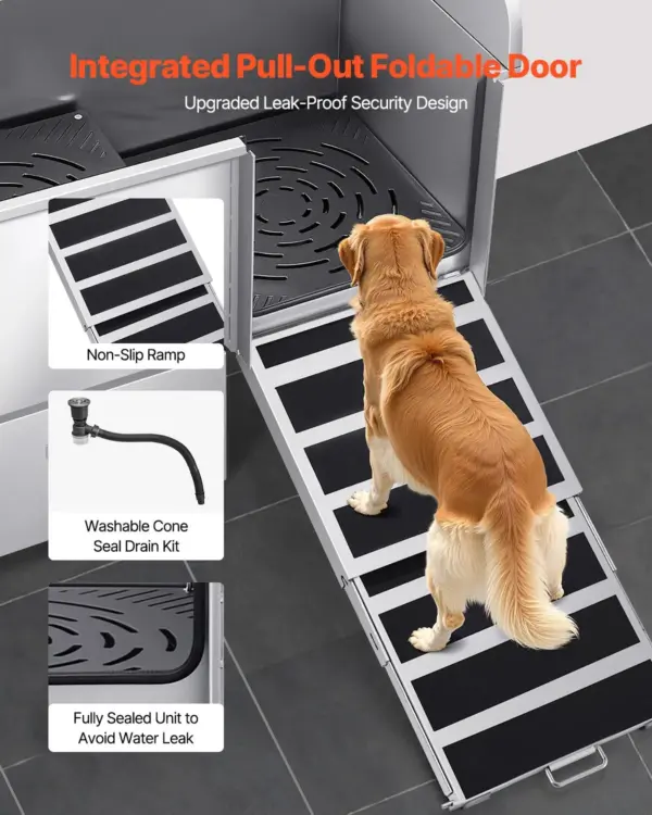 VEVOR 304 Stainless Steel Dog Washing Station, 50 Inch Pet Grooming Tub with Non-Slip Low-Slope Ramp, Storage Drawer, Hot & Cold Faucet, All-in-One Bath for Grooming Shop, Fits All Sizes (Right Door)