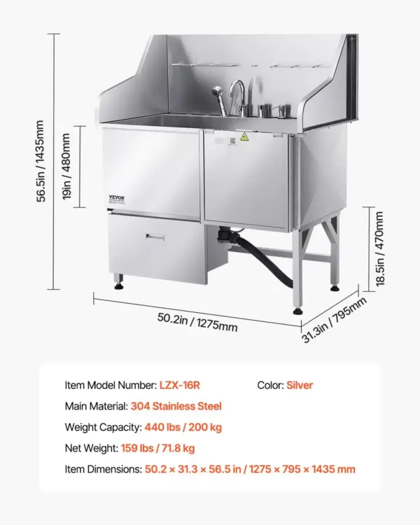 VEVOR 304 Stainless Steel Dog Washing Station, 50 Inch Pet Grooming Tub with Non-Slip Low-Slope Ramp, Storage Drawer, Hot & Cold Faucet, All-in-One Bath for Grooming Shop, Fits All Sizes (Right Door)