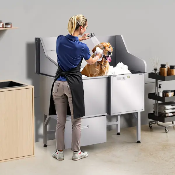 VEVOR 304 Stainless Steel Dog Washing Station, 50 Inch Pet Grooming Tub with Non-Slip Low-Slope Ramp, Storage Drawer, Hot & Cold Faucet, All-in-One Bath for Grooming Shop, Fits All Sizes (Right Door)