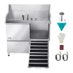 VEVOR 304 Stainless Steel Dog Washing Station, 50 Inch Pet Grooming Tub with Non-Slip Low-Slope Ramp, Storage Drawer, Hot & Cold Faucet, All-in-One Bath for Grooming Shop, Fits All Sizes (Right Door)