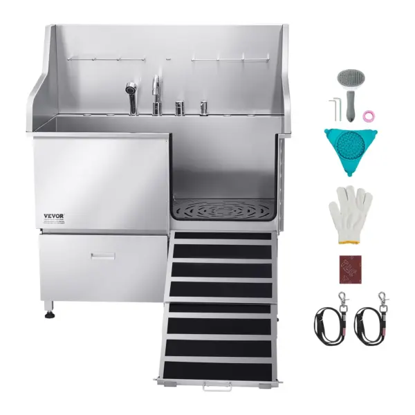 VEVOR 304 Stainless Steel Dog Washing Station, 50 Inch Pet Grooming Tub with Non-Slip Low-Slope Ramp, Storage Drawer, Hot & Cold Faucet, All-in-One Bath for Grooming Shop, Fits All Sizes (Right Door)