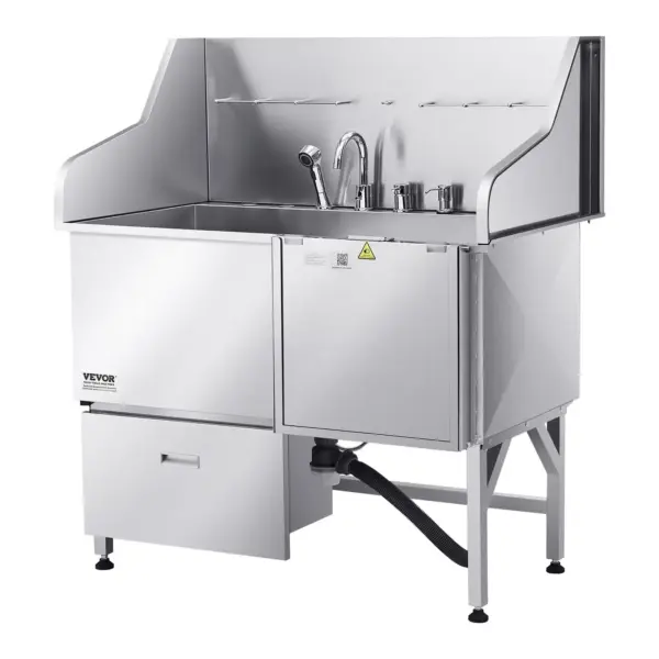 VEVOR 304 Stainless Steel Dog Washing Station, 50 Inch Pet Grooming Tub with Non-Slip Low-Slope Ramp, Storage Drawer, Hot & Cold Faucet, All-in-One Bath for Grooming Shop, Fits All Sizes (Right Door)