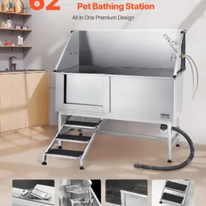 VEVOR Stainless Steel Dog Washing Station, 62 inch Pet Grooming Tub w/ Stairs, PE Water Filter Board, Faucet & Showerhead & Soap Holder Dog Bathtub for Large & Medium & Small Pets (Left Door)
