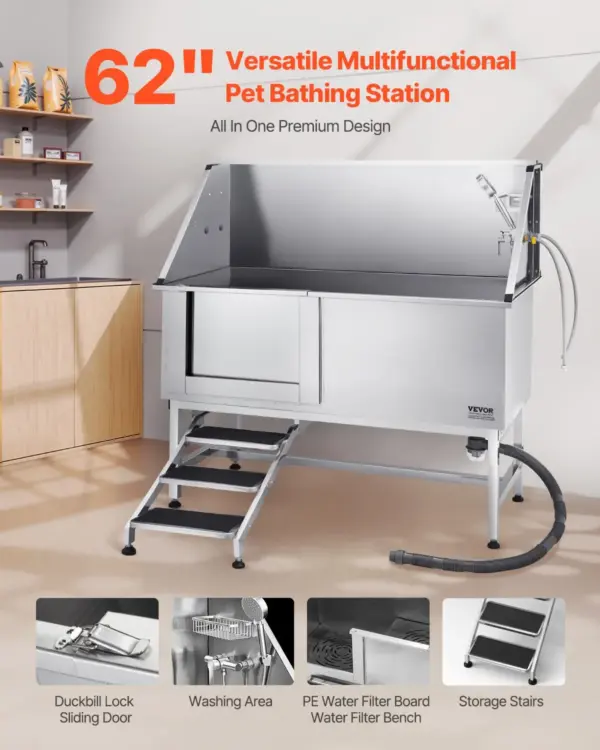 VEVOR Stainless Steel Dog Washing Station, 62 inch Pet Grooming Tub w/ Stairs, PE Water Filter Board, Faucet & Showerhead & Soap Holder Dog Bathtub for Large & Medium & Small Pets (Left Door)