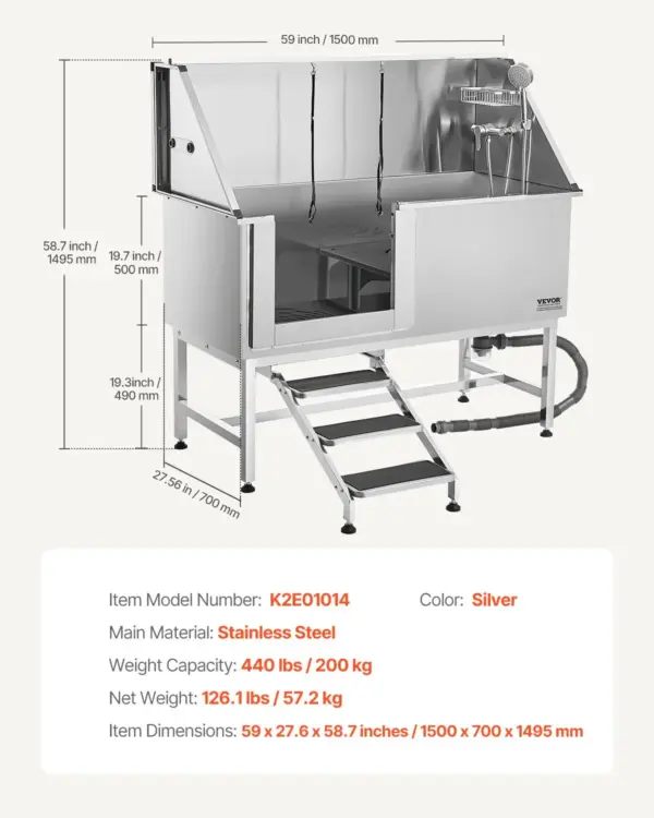 VEVOR Stainless Steel Dog Washing Station, 62 inch Pet Grooming Tub w/ Stairs, PE Water Filter Board, Faucet & Showerhead & Soap Holder Dog Bathtub for Large & Medium & Small Pets (Left Door)