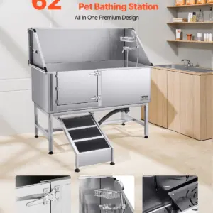 VEVOR Stainless Steel Dog Washing Station, 62 inch Pet Grooming Tub w/ Ramp, PE Water Filter Board, Faucet & Showerhead & Soap Holder Dog Bathtub for Large & Medium & Small Pets (Left Door)