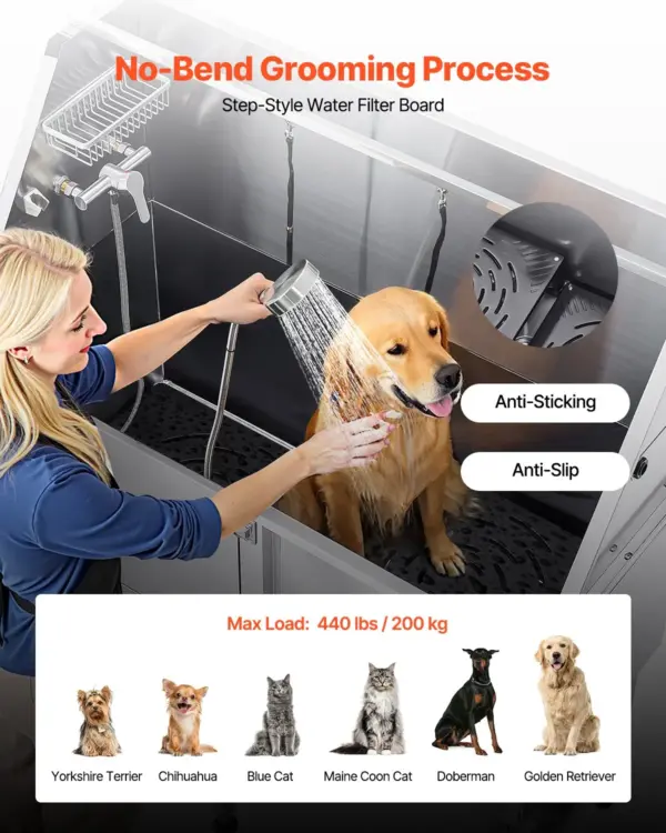 VEVOR Stainless Steel Dog Washing Station, 62 inch Pet Grooming Tub w/ Ramp, PE Water Filter Board, Faucet & Showerhead & Soap Holder Dog Bathtub for Large & Medium & Small Pets (Left Door)