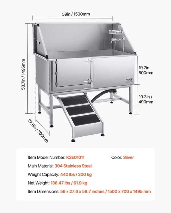 VEVOR Stainless Steel Dog Washing Station, 62 inch Pet Grooming Tub w/ Ramp, PE Water Filter Board, Faucet & Showerhead & Soap Holder Dog Bathtub for Large & Medium & Small Pets (Left Door)
