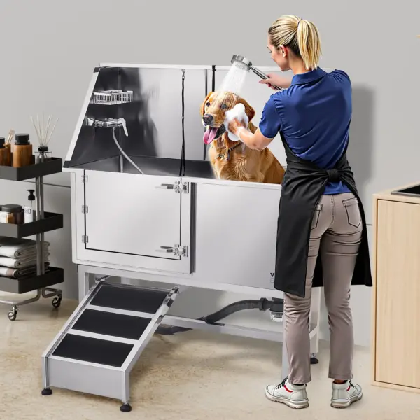 VEVOR Stainless Steel Dog Washing Station, 62 inch Pet Grooming Tub w/ Ramp, PE Water Filter Board, Faucet & Showerhead & Soap Holder Dog Bathtub for Large & Medium & Small Pets (Left Door)