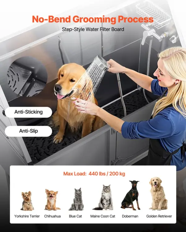 VEVOR Stainless Steel Dog Washing Station, 62 inch Pet Grooming Tub w/ Ramp, PE Water Filter Board, Faucet & Showerhead & Soap Holder Dog Bathtub for Large & Medium & Small Pets (Right Door)